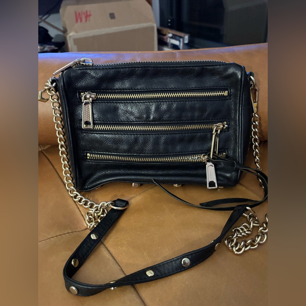 Rebecca Minkoff Three- Zip Rocker Bag Black Leather Gold Hardware Crossbody Bag